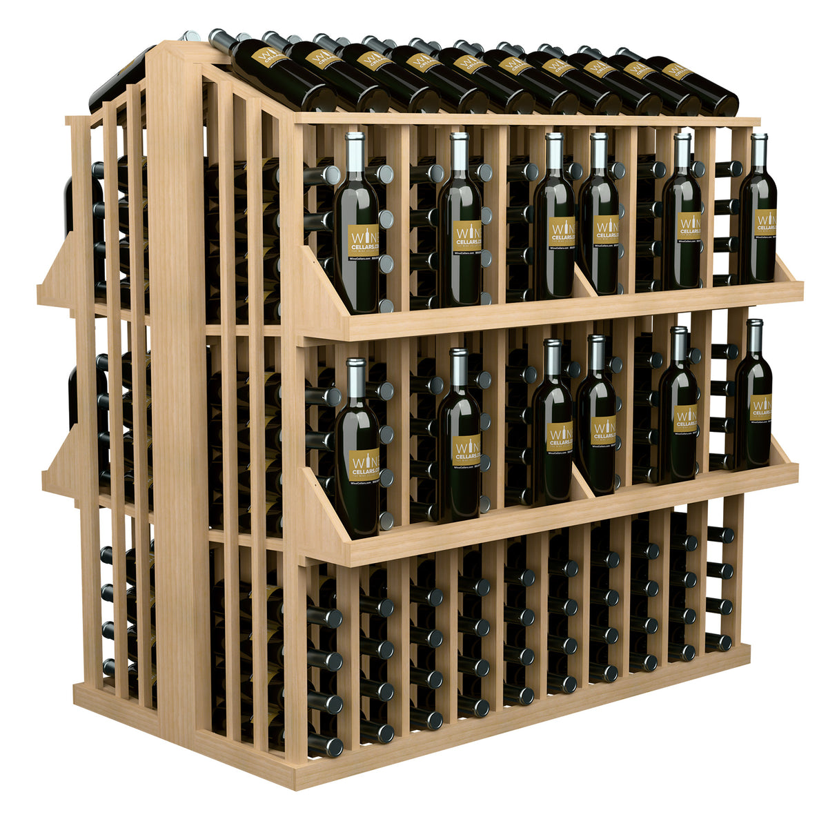 Light wood wine bottle aisle display with four shelves and bottle holders