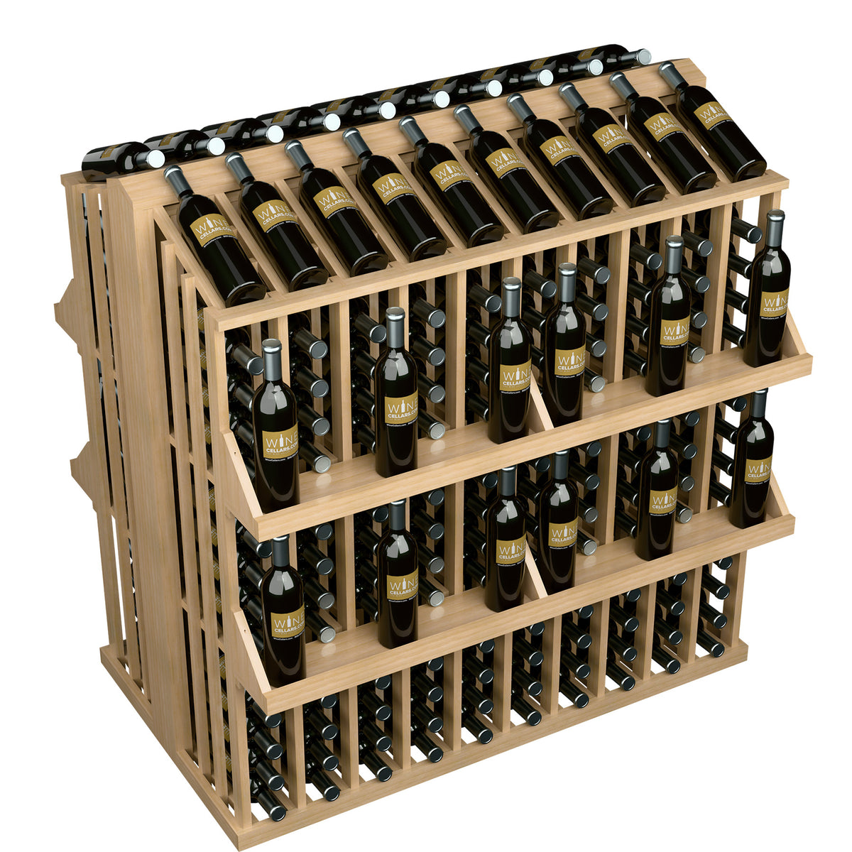 4-shelf bottle display rack with light wood frame and upright wine bottles