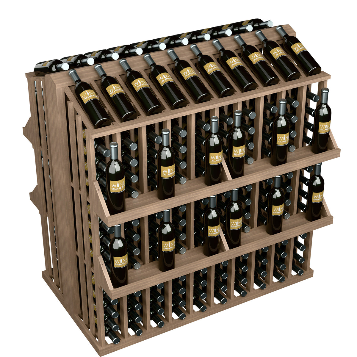 Medium wood wine bottle display rack with 4 shelves and metal bottle holders, front view