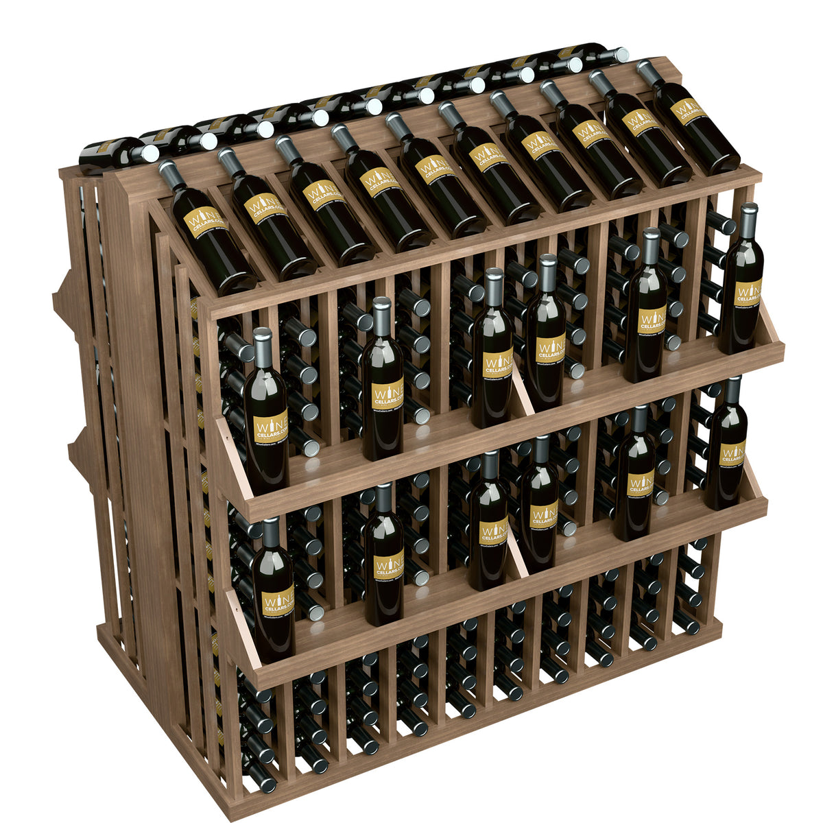 4-shelf bottle display rack with light wood frame and upright wine bottles