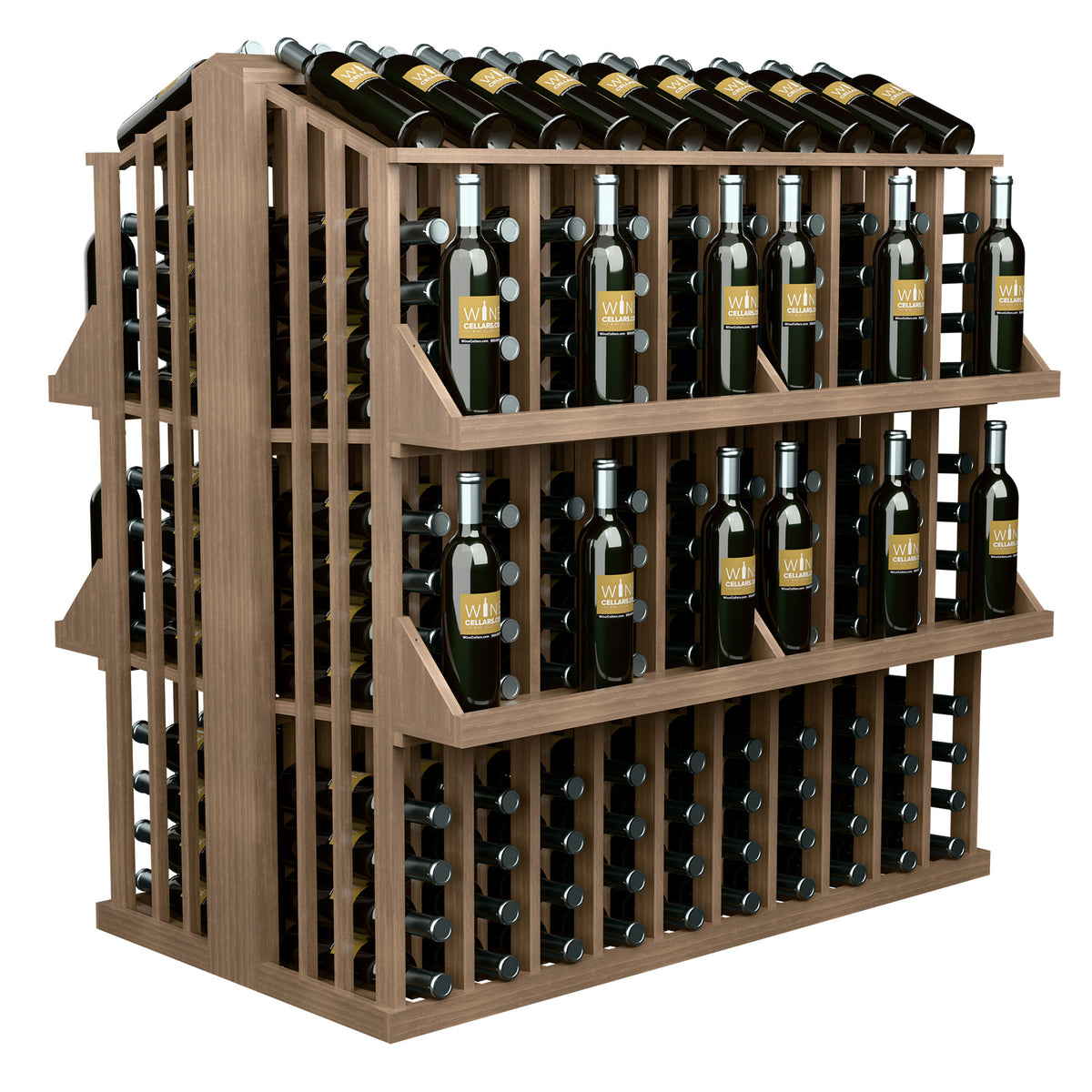 4-shelf aisle bottle display rack with light wood frame and front bottle slots