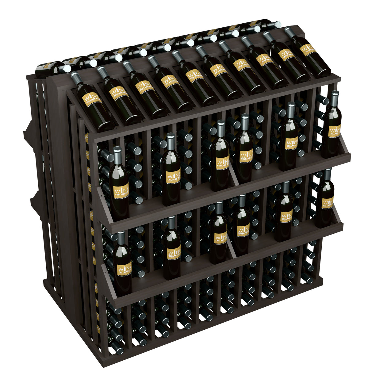 Top view of black commercial wine bottle display rack, four shelves with bottles