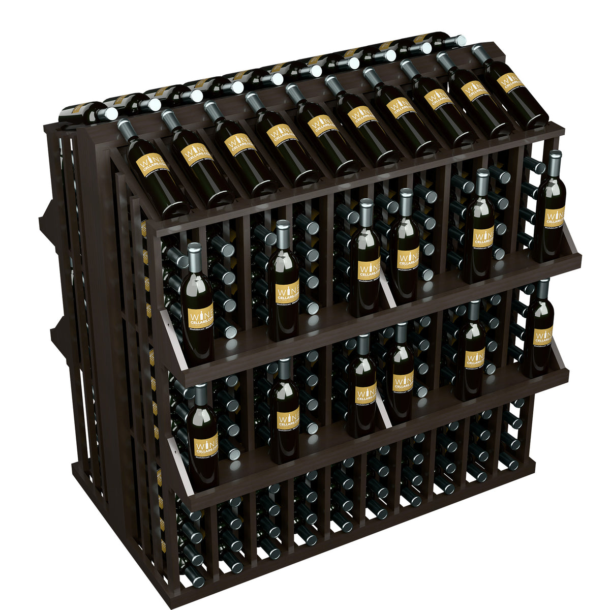 4-shelf bottle display rack with dark wood frame and upright wine bottles