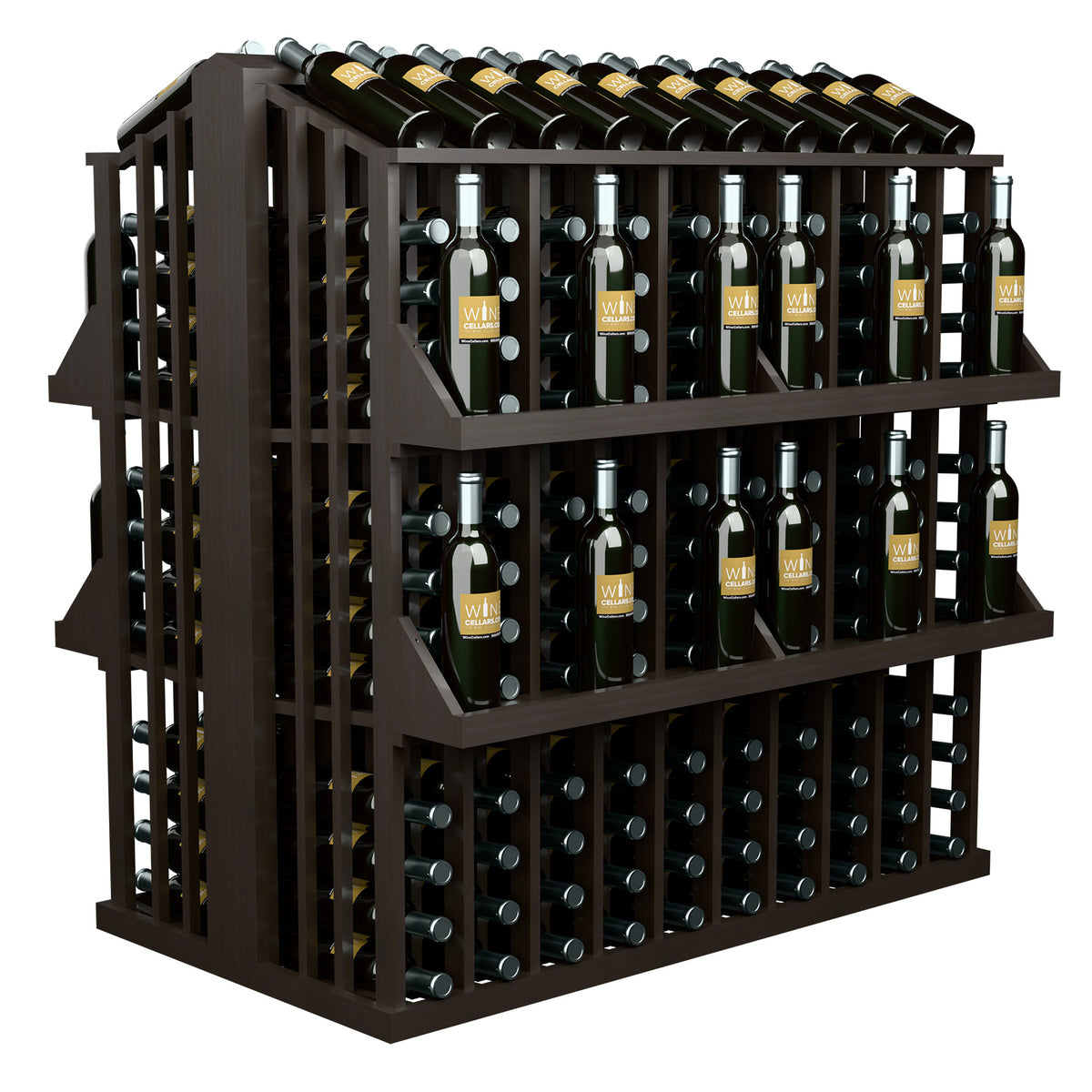 4-shelf aisle bottle display rack with dark wood frame and bottle storage holes
