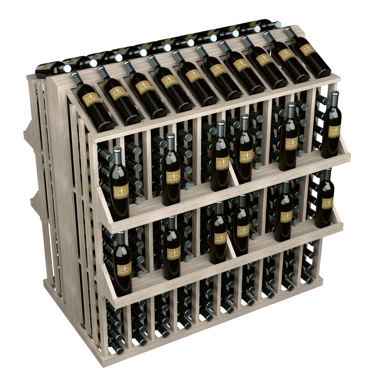 Four-shelf wine bottle display rack with 300 bottle slots, whitewashed wood finish.