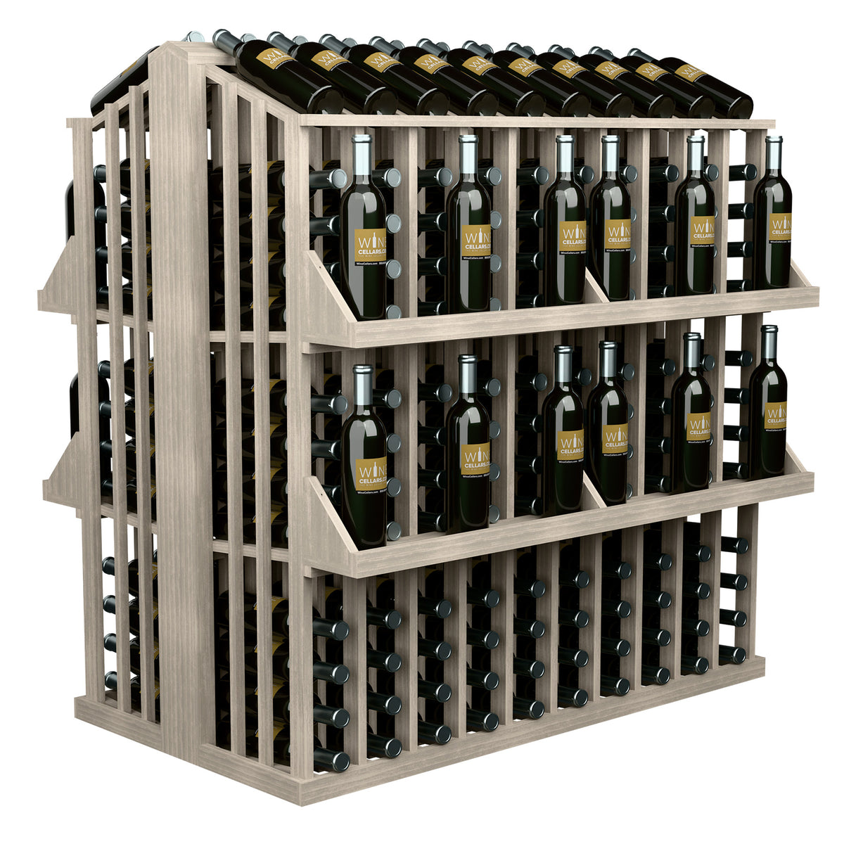 4-shelf wine bottle display rack with front bottle holders, white-wash wood frame