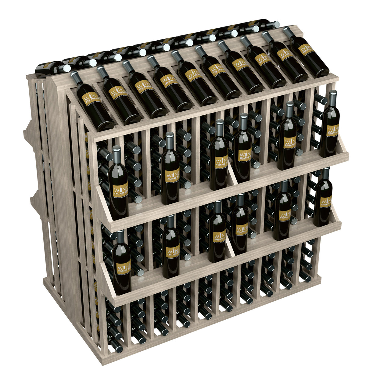 Wood wine bottle aisle display rack with 4 shelves, metal bottle pegs, dark bottles