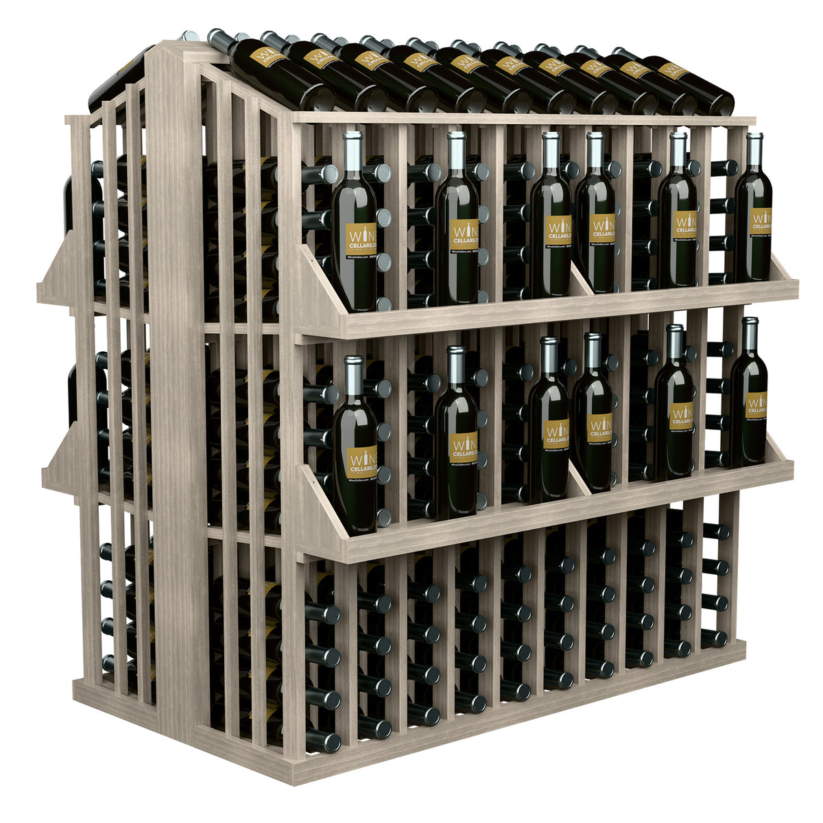 Light wood wine bottle aisle display rack, 4 shelves with rows of metal bottle holders
