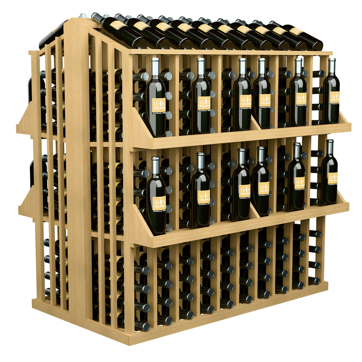 Light wood wine bottle display rack with four shelves and metal holders for dark bottles