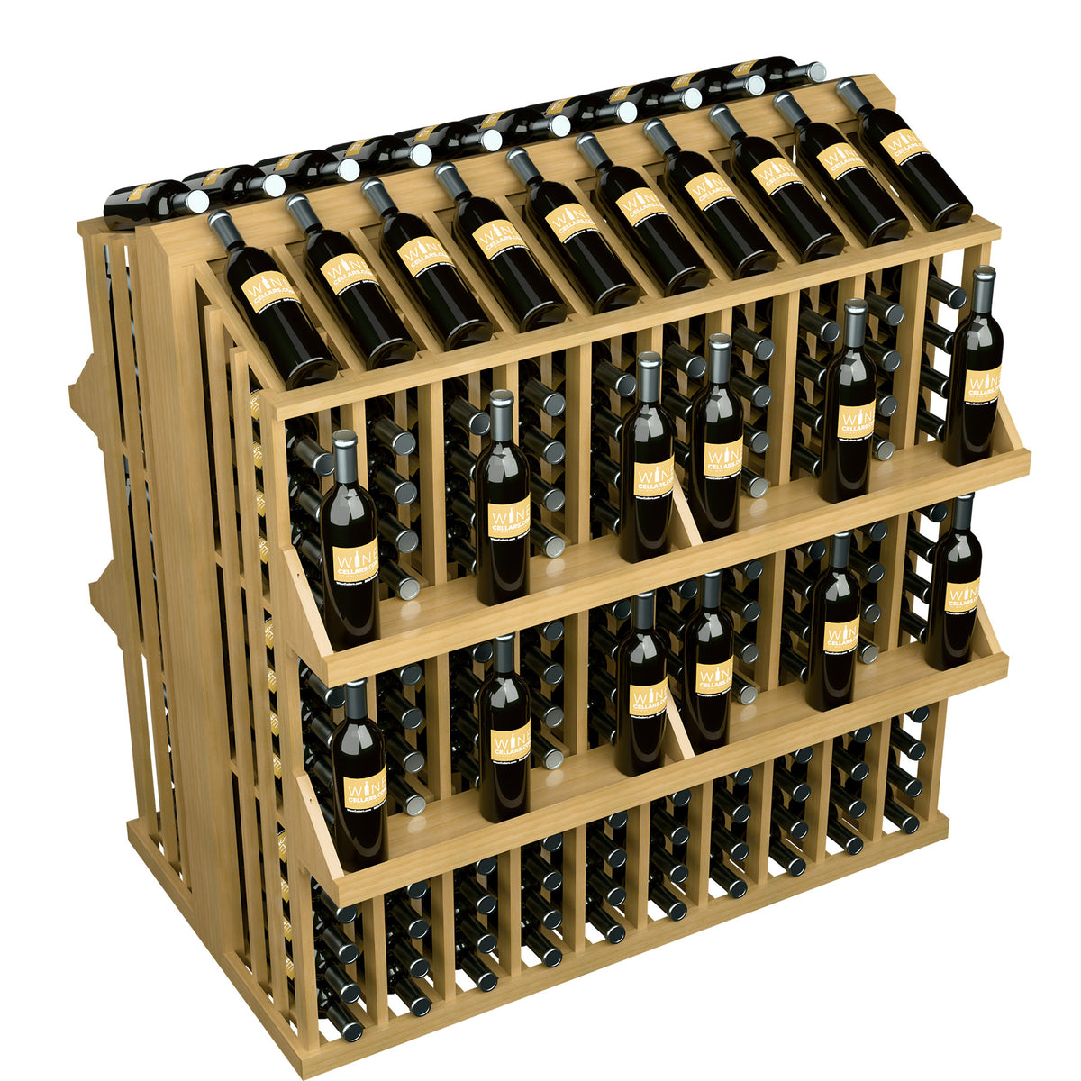Natural wood wine bottle aisle display rack with 4 shelves and metal bottle pegs