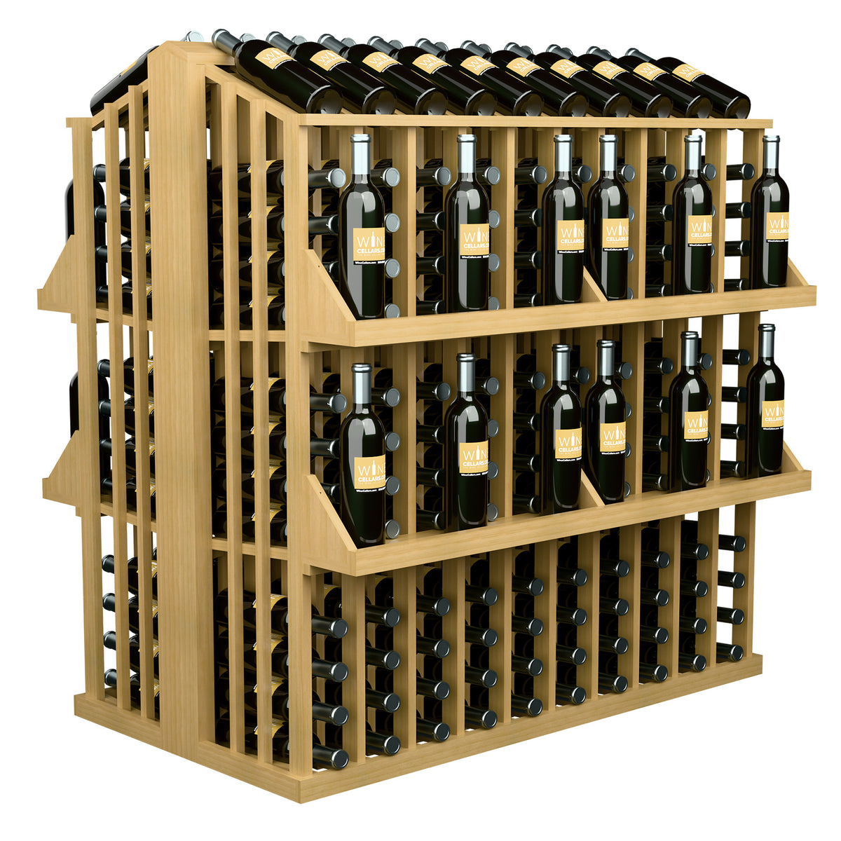 Light tan wine bottle aisle display rack, 4 shelves with metal pegs for dark bottles