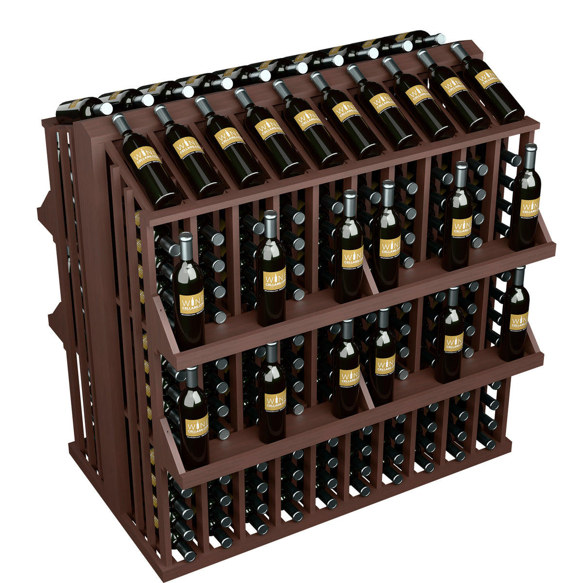 Brown wood bottle aisle display with 4 shelves and bottle slots, angled view