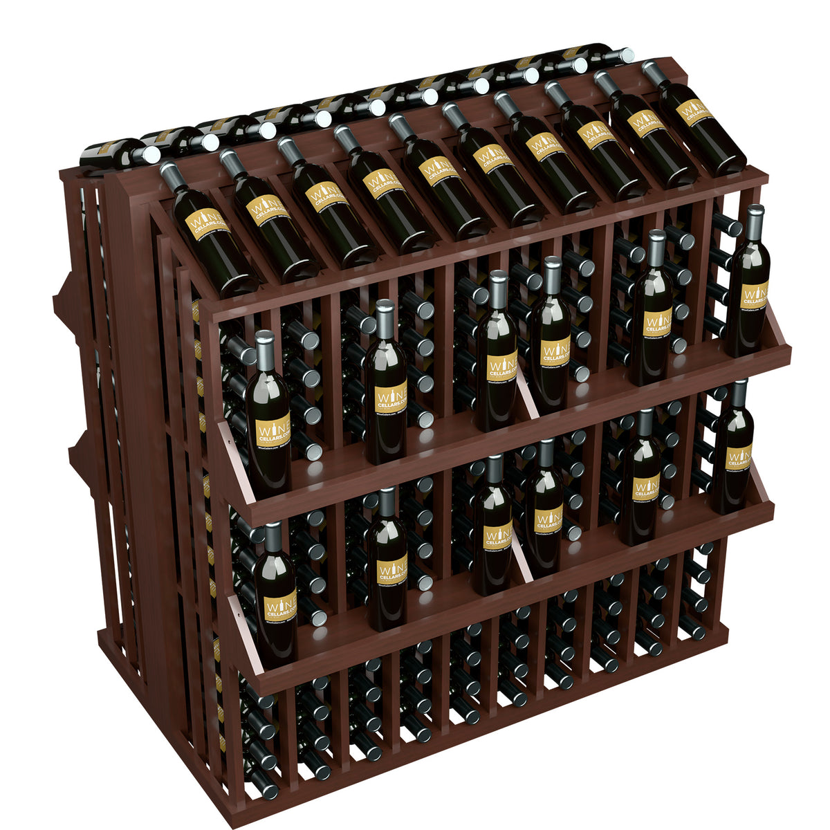 Dark brown wood wine bottle aisle display rack with 4 shelves and metal bottle pegs
