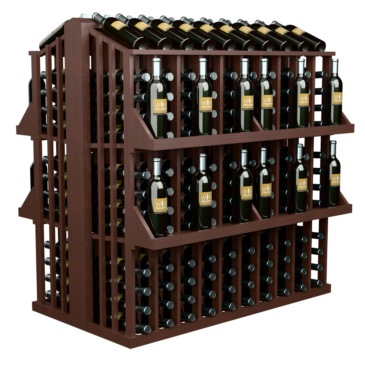 Espresso-style wine bottle aisle display rack with 4 shelves, metal holders for bottles