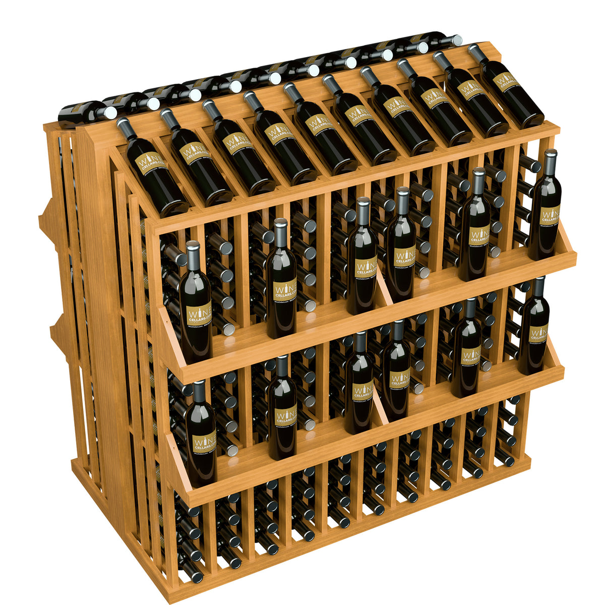 Honey wood wine bottle aisle display rack with 4 shelves and metal pegs for bottles