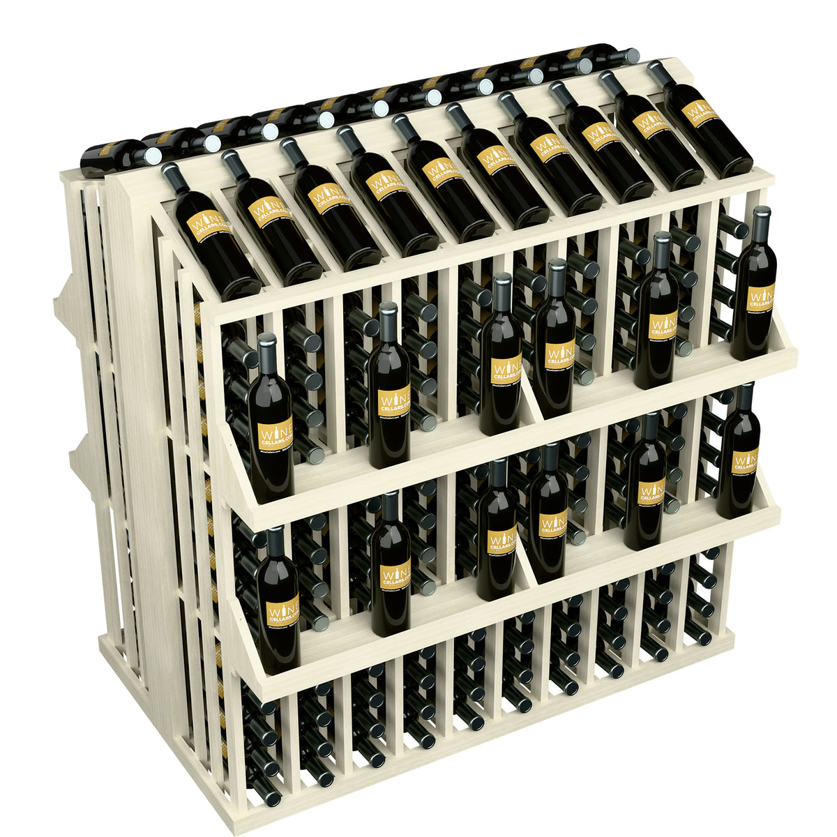 White-toned 4-shelf wine bottle display rack with front and side rows of bottle holders