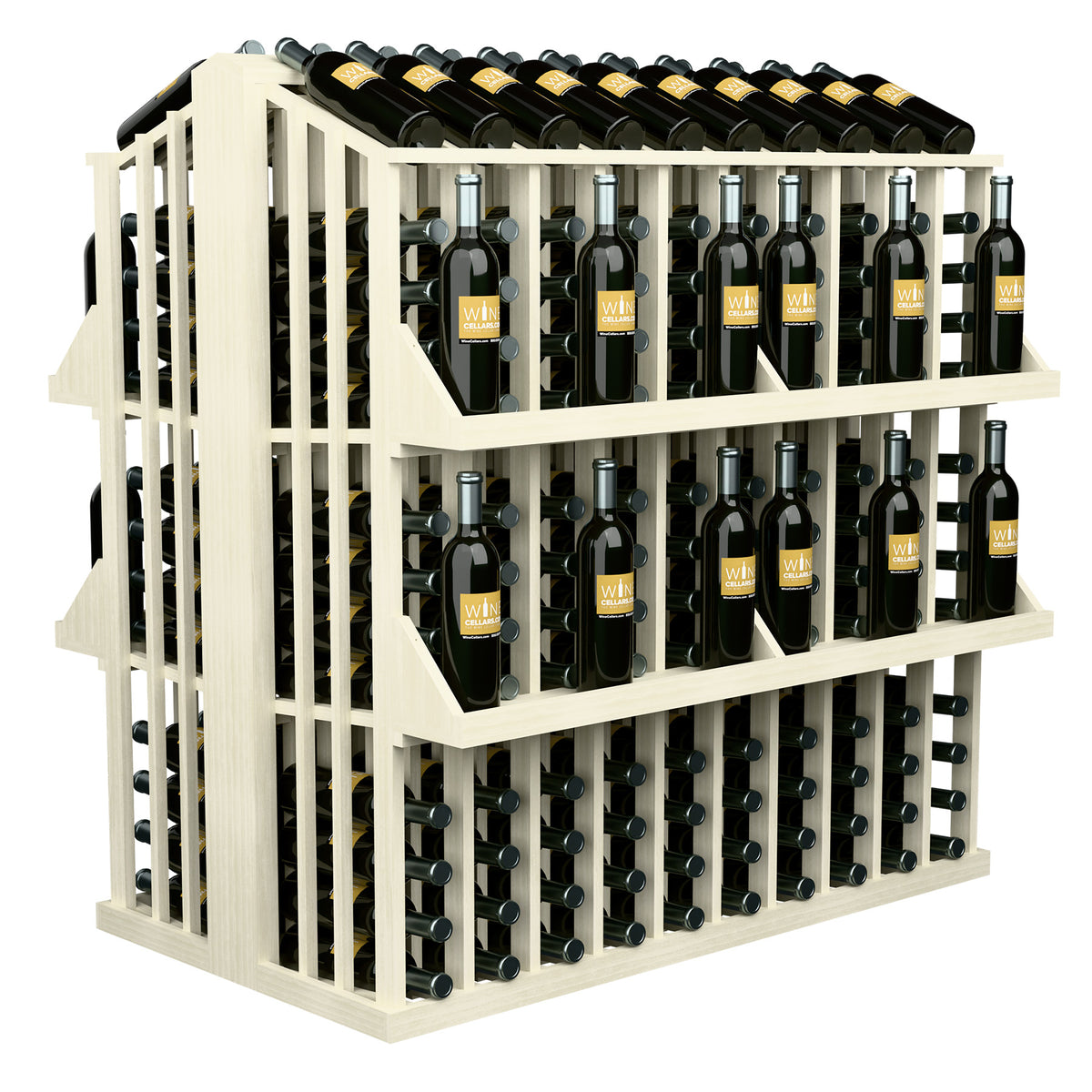Pale light wood 4-shelf wine bottle display rack with bottle holders filled with bottles