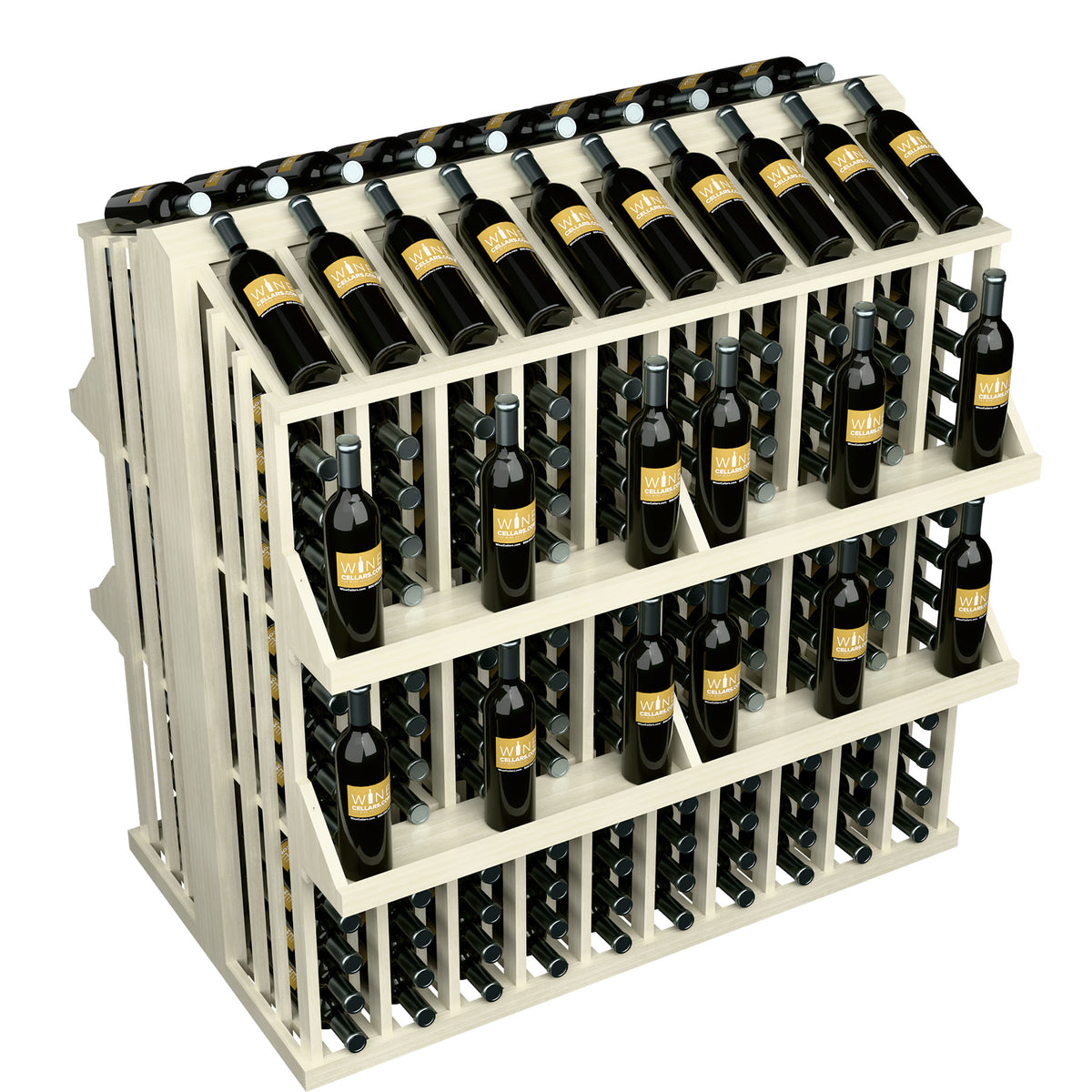 Whitewashed wood wine bottle aisle display rack with 4 shelves and metal bottle pegs