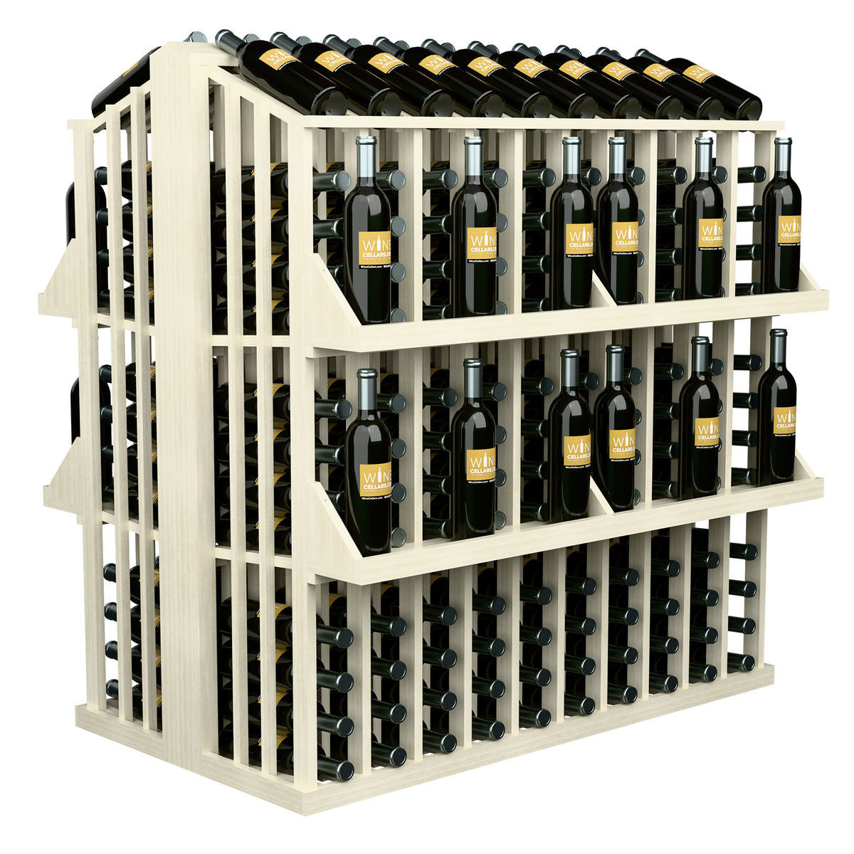 Pale wood wine bottle aisle display rack with 4 shelves, metal pegs holding dark bottles