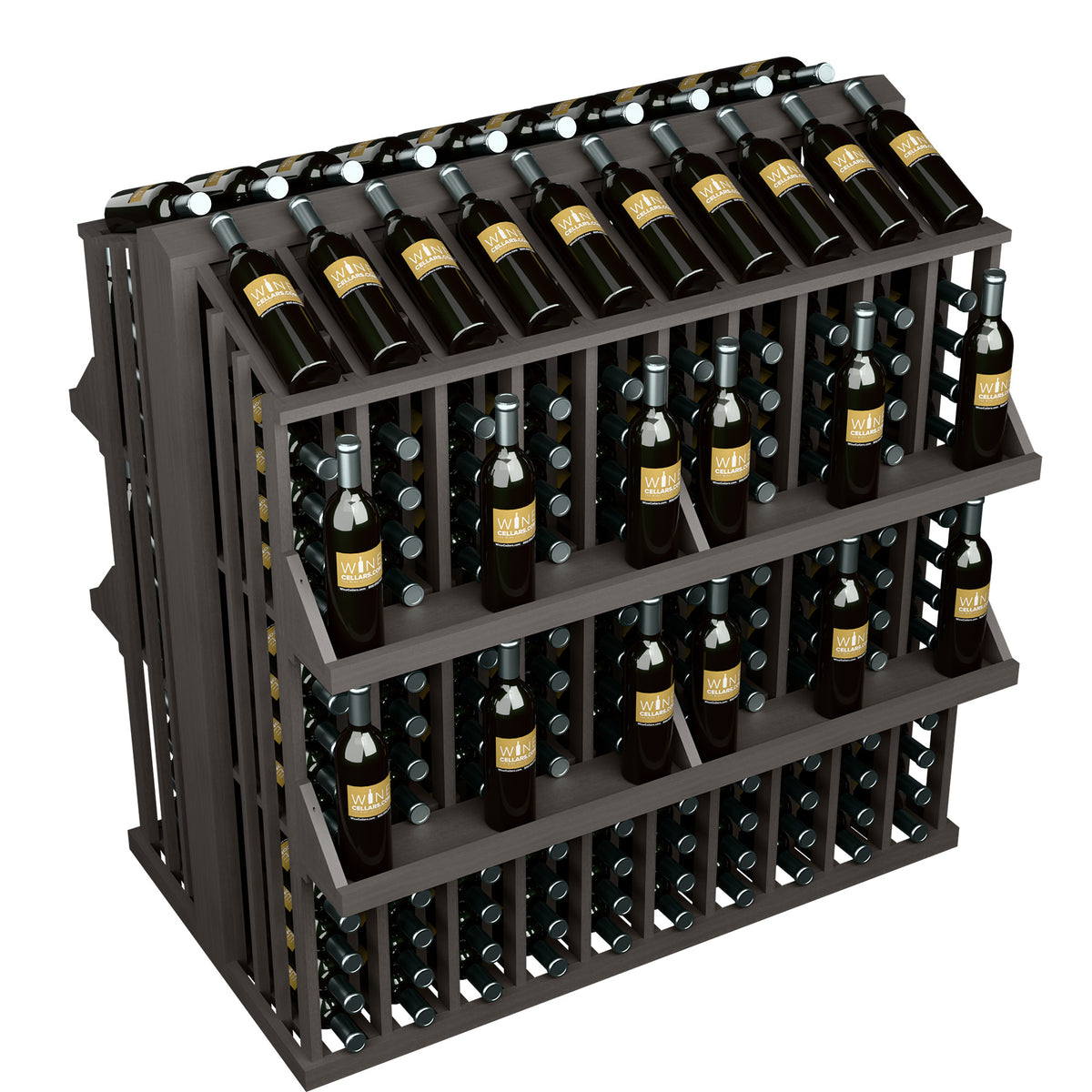 Top view of commercial wine bottle display rack with four shelves and bottle necks