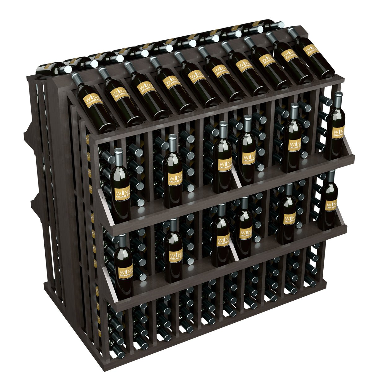 4-shelf bottle aisle display with dark frame and angled top row of wine bottles