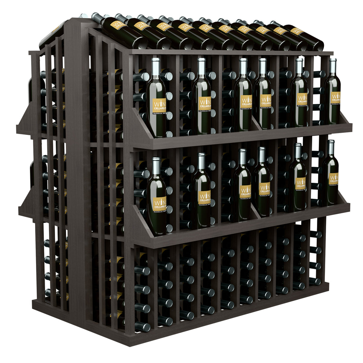 4-shelf bottle aisle display with dark frame, front view of wine bottles on racks