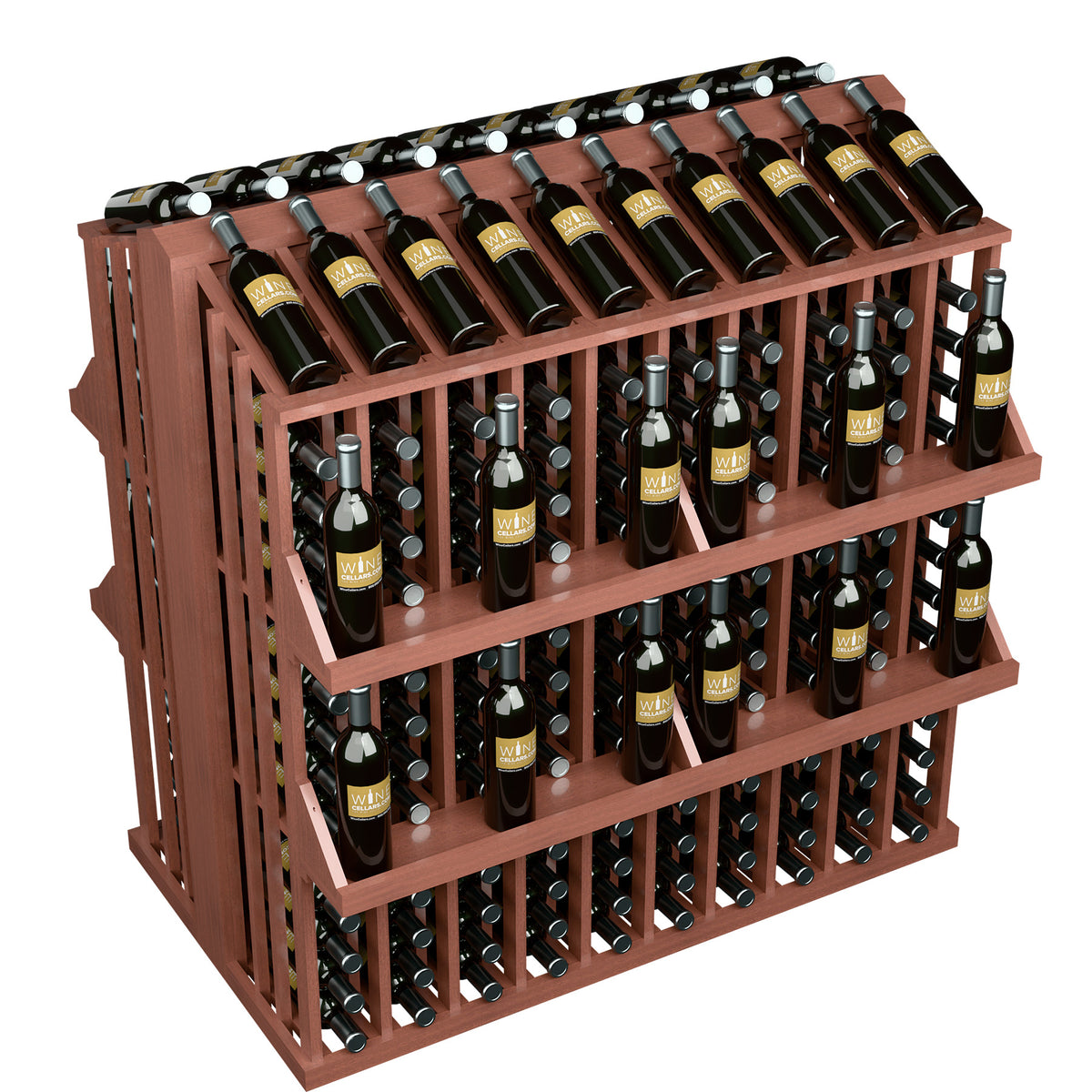 4-shelf bottle aisle display with red-brown frame and wine bottles in four rows