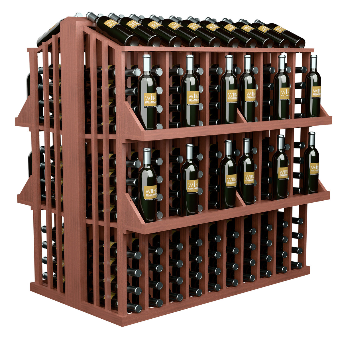 4-shelf bottle aisle display with red-brown frame and front rack of wine bottles