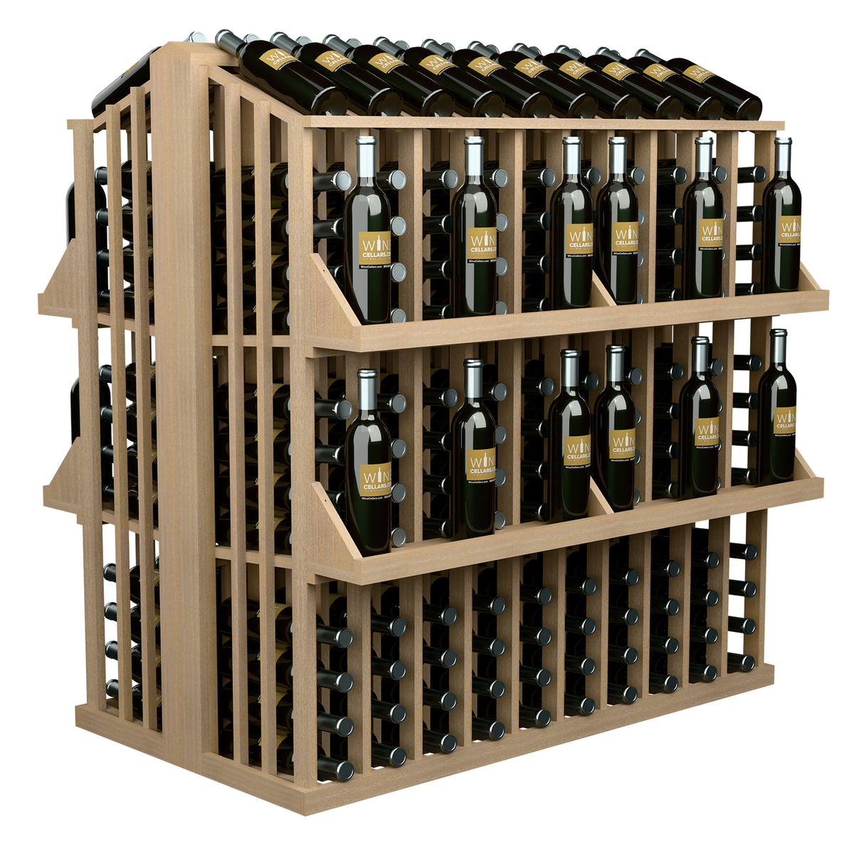 Wood wine bottle aisle display with four shelves, light brown frame, bottle holders