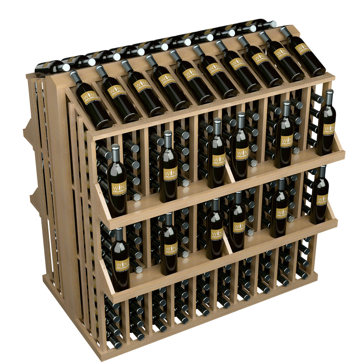 4-shelf bottle aisle display with light wood frame and wine bottles in multiple rows