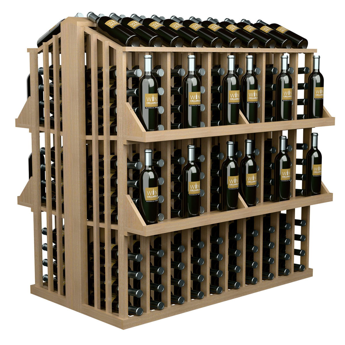 4-shelf bottle aisle display with light wood frame, side view of wine bottles