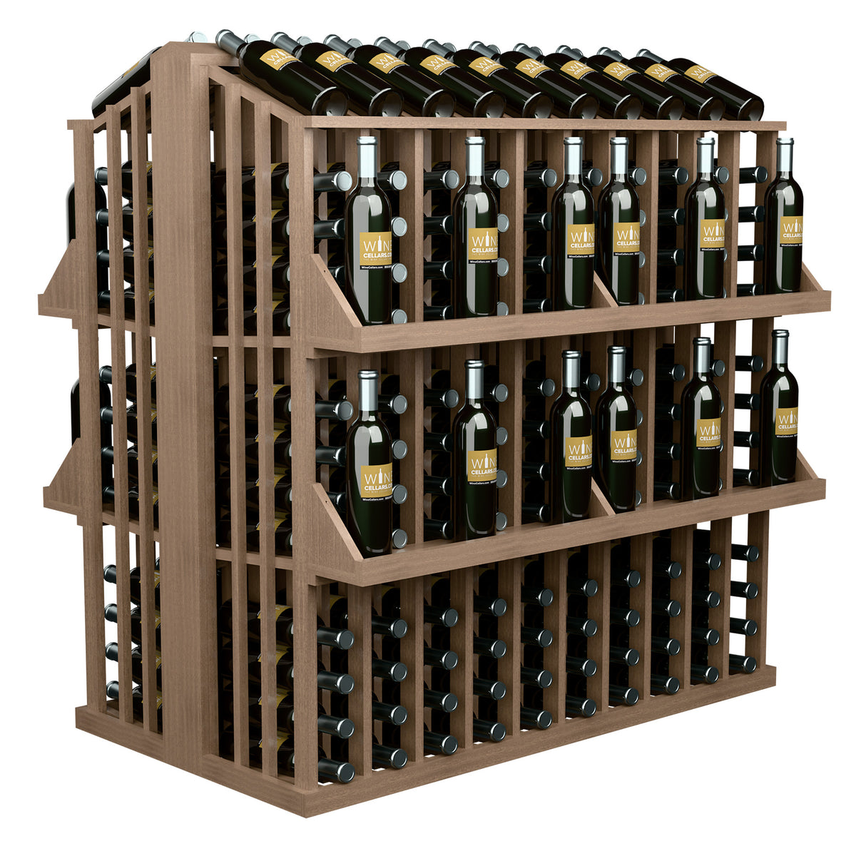 4-shelf bottle aisle display with natural wood frame and front grid of wine bottles