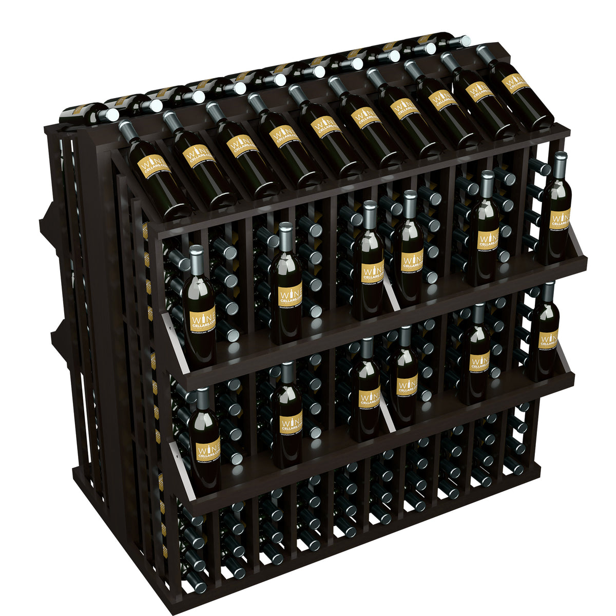 4-shelf bottle aisle display with dark frame and angled top row of wine bottles