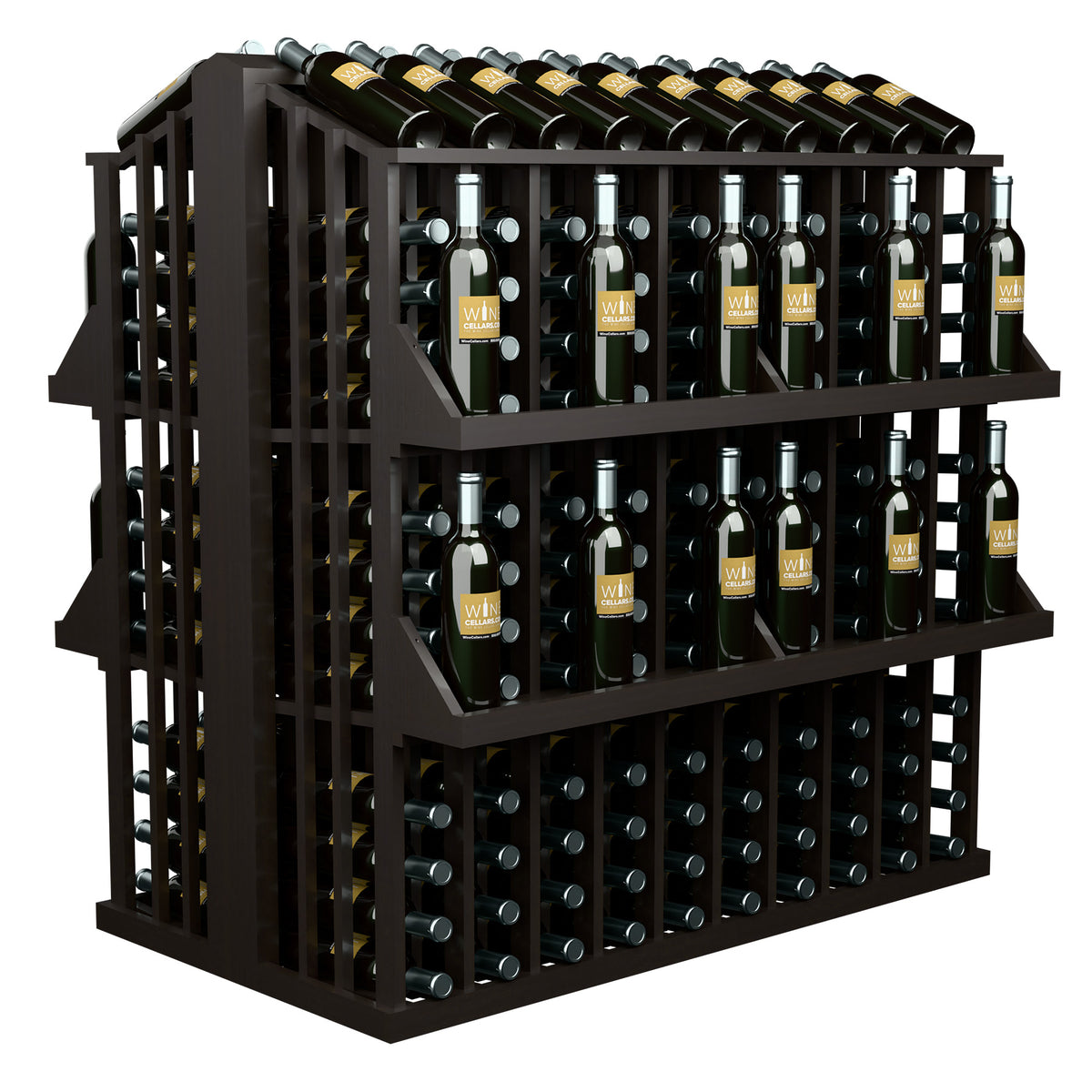 4-shelf bottle aisle display with dark frame, side view of wine bottles on shelves