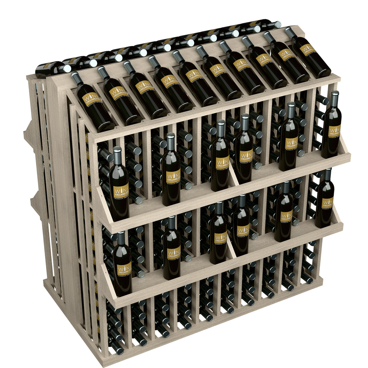4-shelf wine bottle display rack with front bottle holders, light gray wood frame
