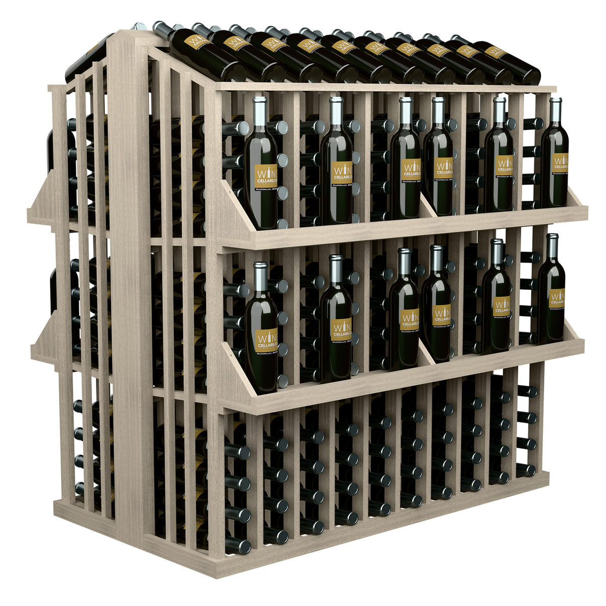 4-shelf wine bottle display rack with front bottle holders, white-wash wood frame