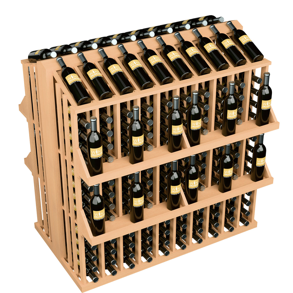 Four-shelf wine bottle display rack with 300 bottle slots, light tan wood finish.
