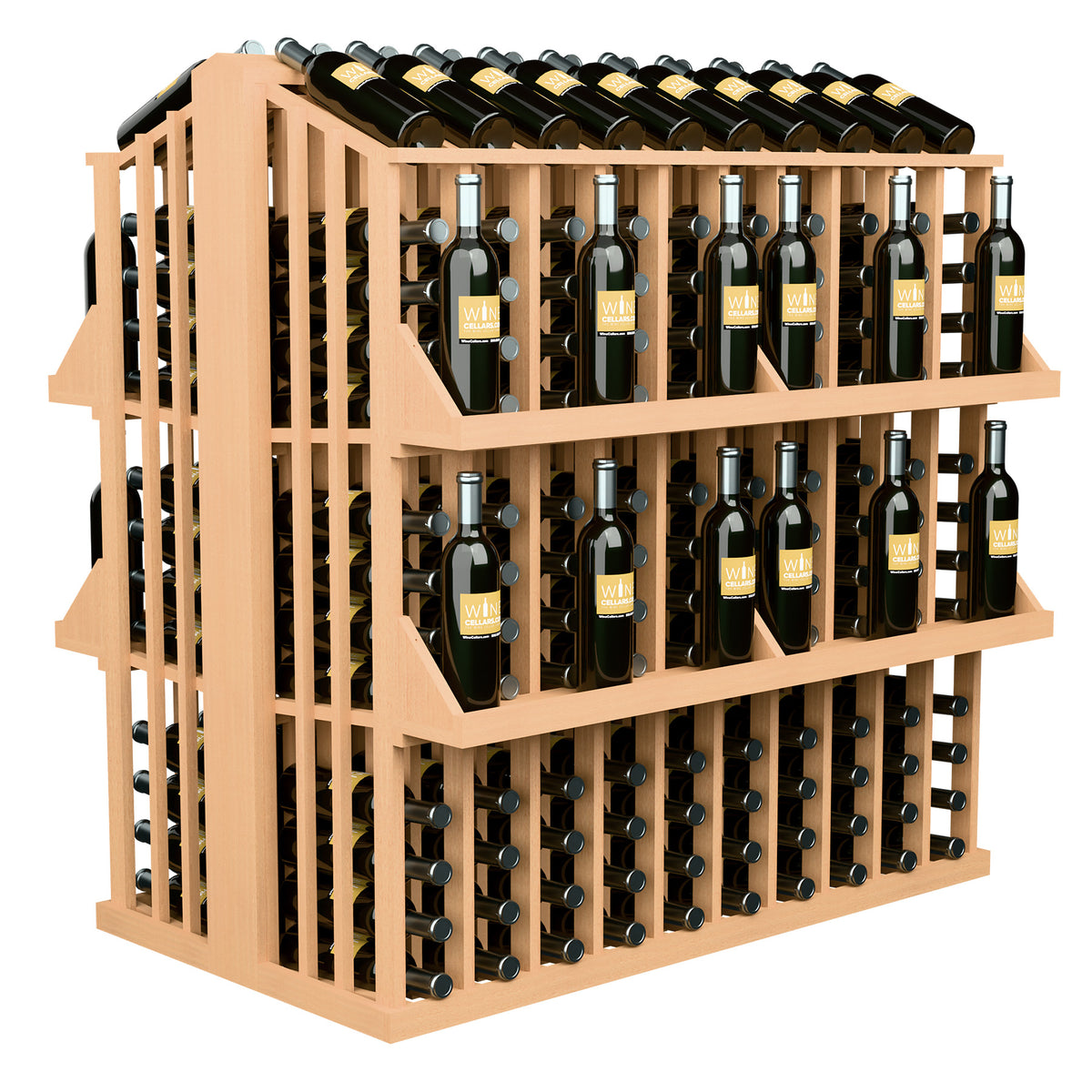 Four-shelf wine bottle display rack with 300 bottle slots, light natural wood finish.