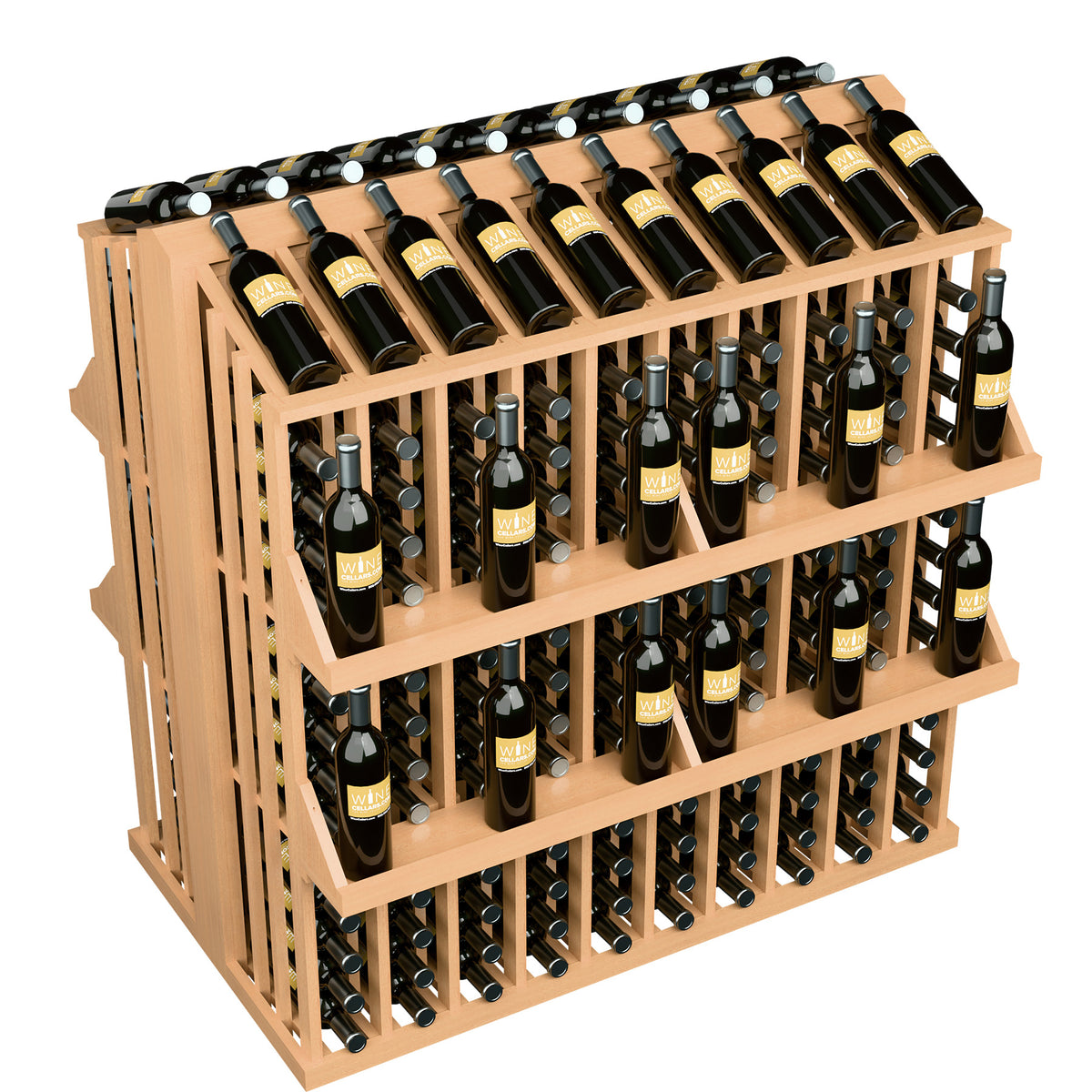 Light wood wine bottle display rack with 4 shelves, bottle rows, and circular slots