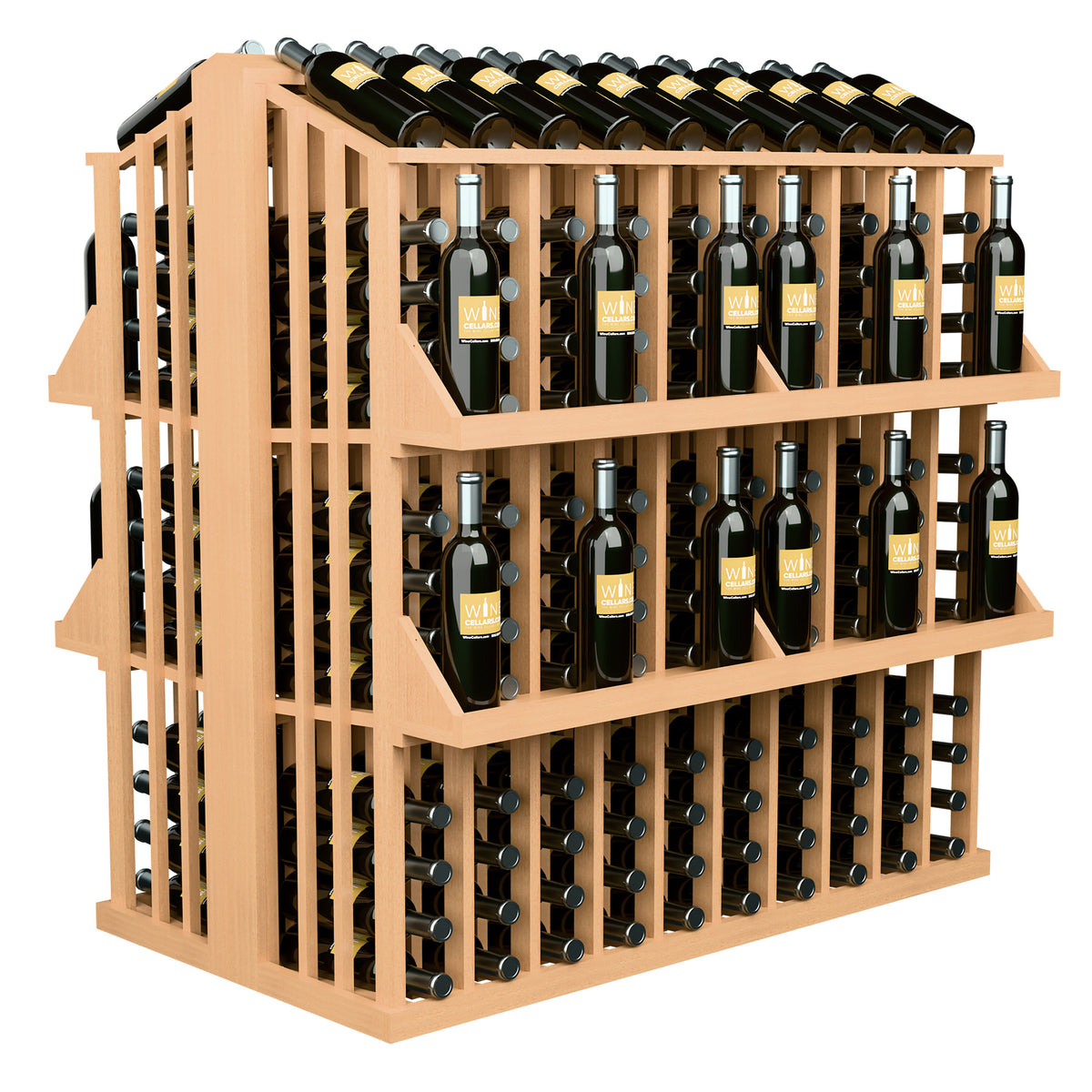 Pale wood wine bottle display rack with 4 shelves and front-and-side bottle holders