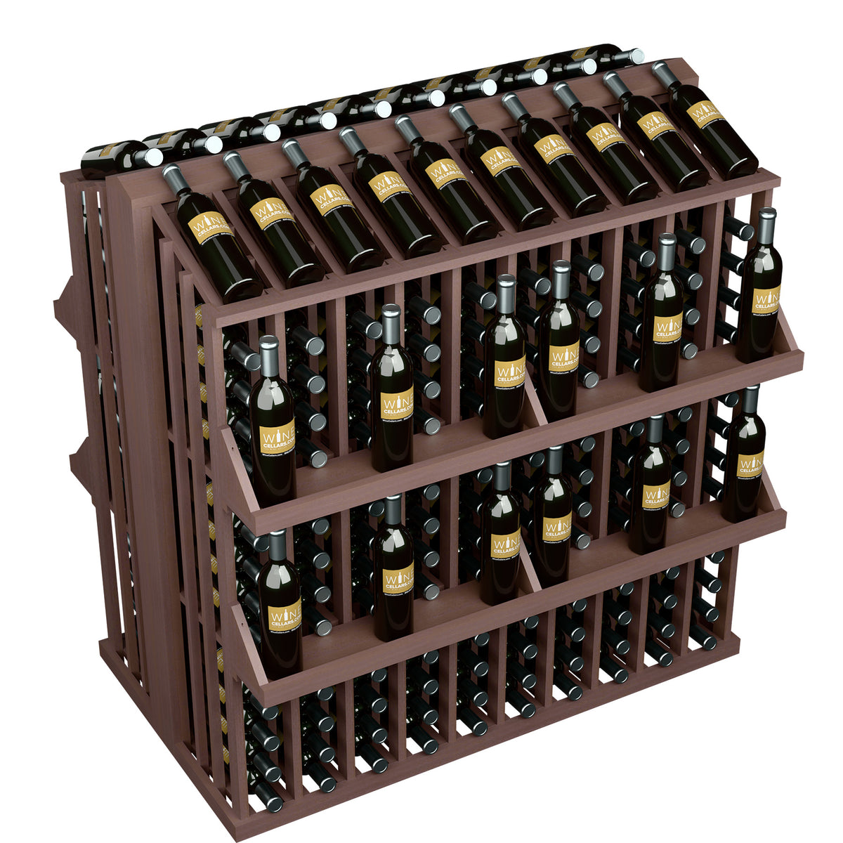 Red-brown wooden 4-shelf wine bottle display rack with bottle holders filled with bottles