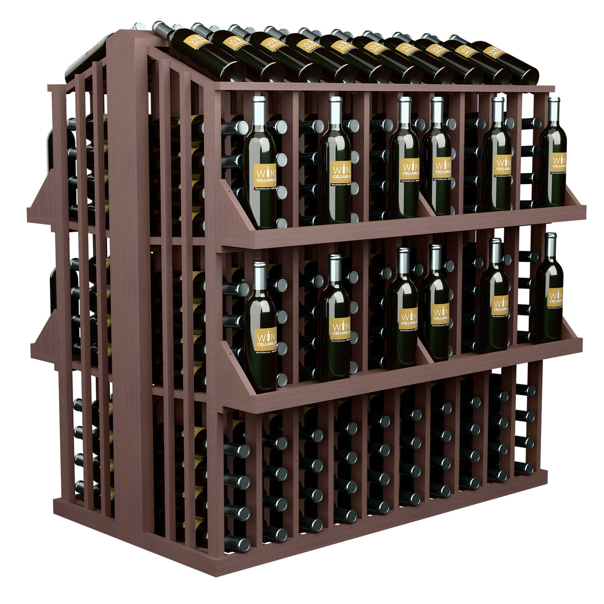 Chestnut wood bottle aisle display with 4 shelves and bottle slots, side view