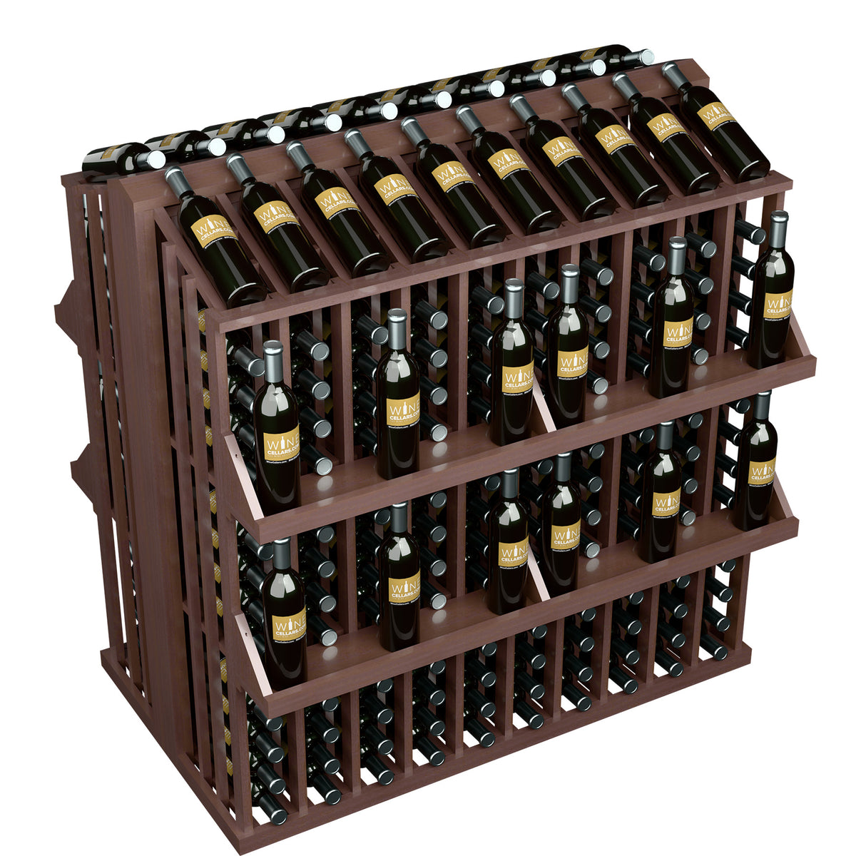 Dark brown wooden wine bottle display rack with 4 shelves and metal-tube bottle slots