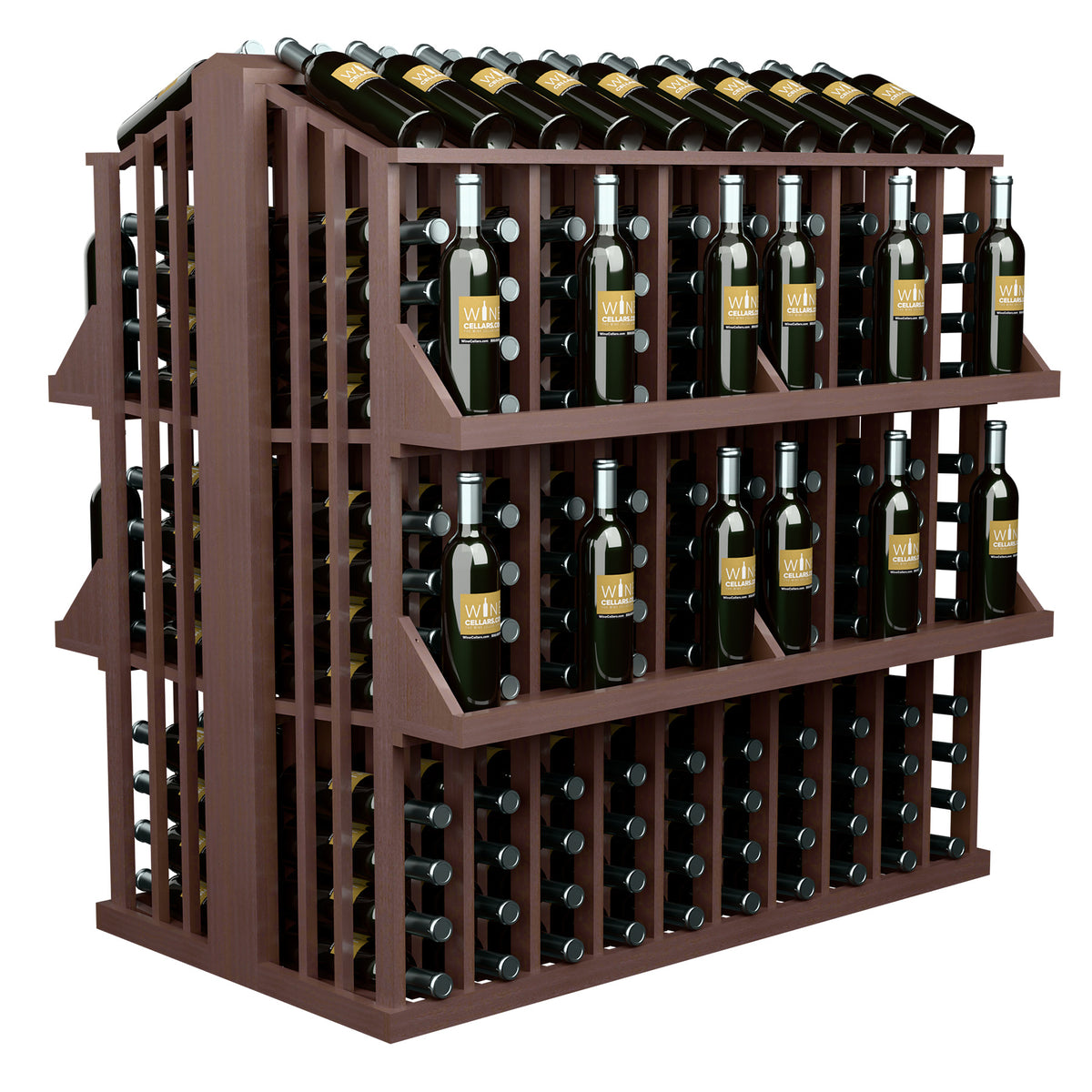 Espresso-toned wooden wine bottle display rack with 4 shelves and bottle storage rows