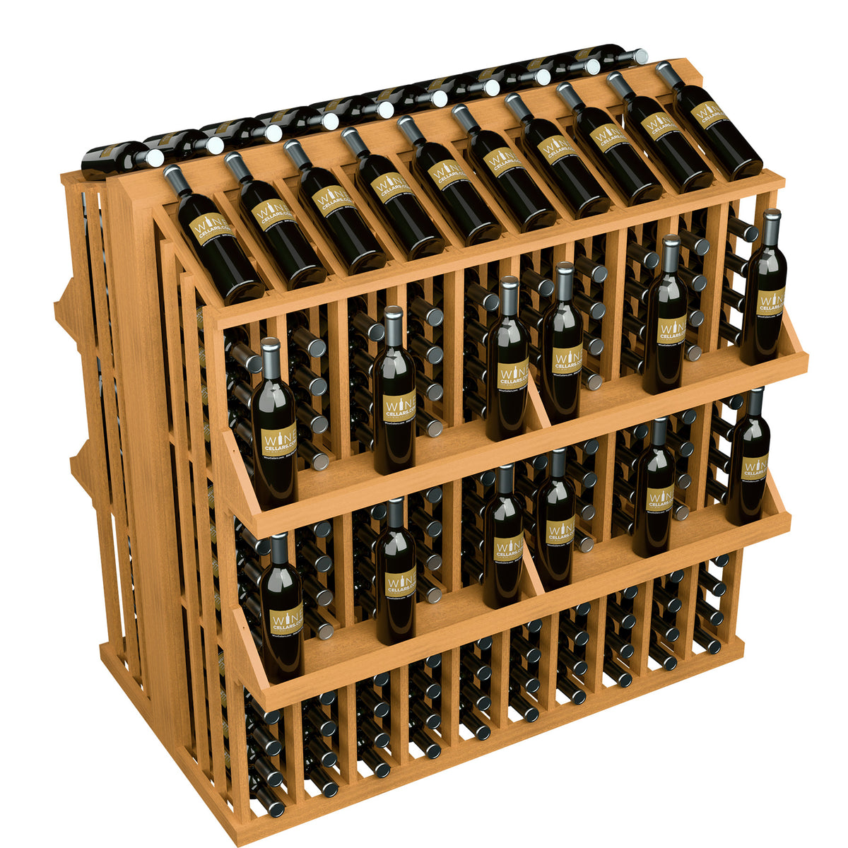 Wood wine bottle display rack with four shelves, three-quarter view of dark bottled rows