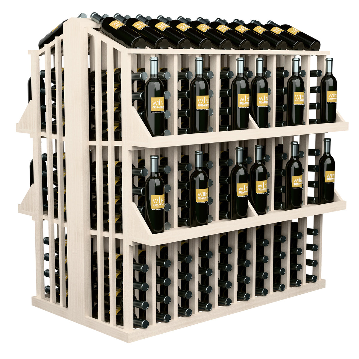 Light wood 4-shelf wine bottle display rack with bottle holders and bottles on all levels