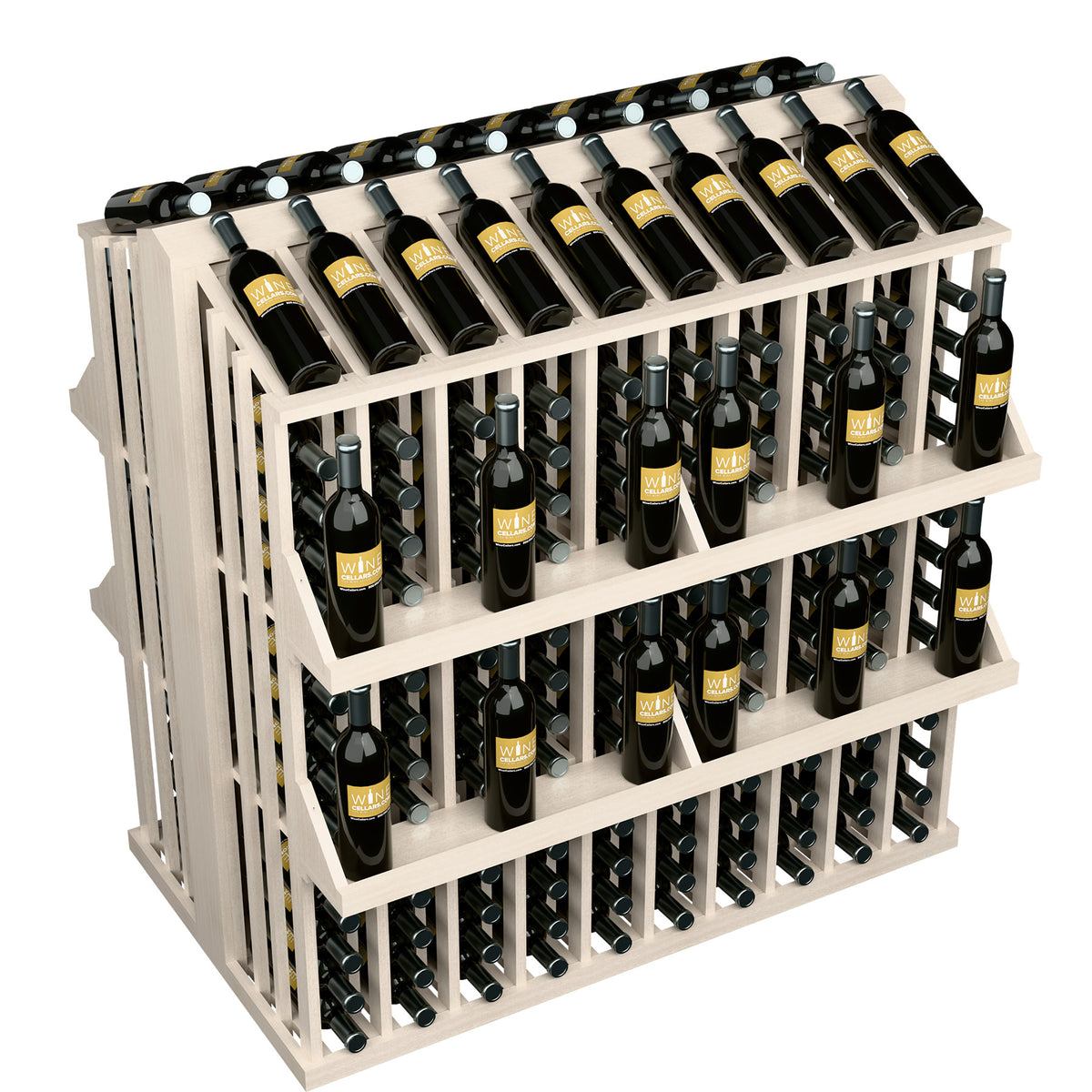 White wooden wine bottle display rack with 4 shelves and bottle holders on each side