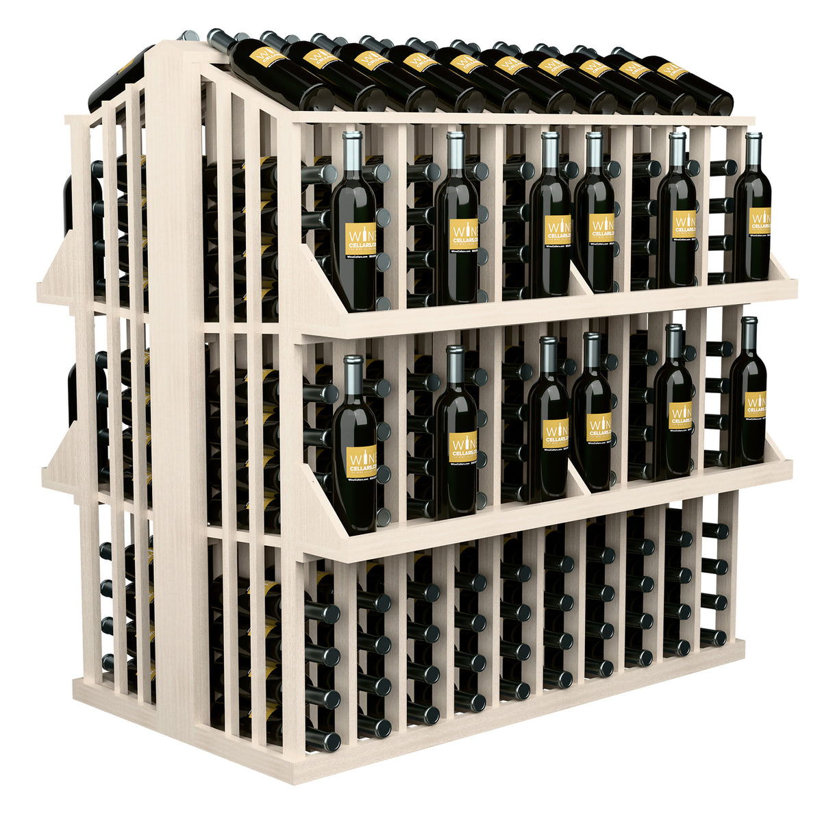Cream-colored wooden wine bottle display rack with 4 shelves and grid-style bottle openings