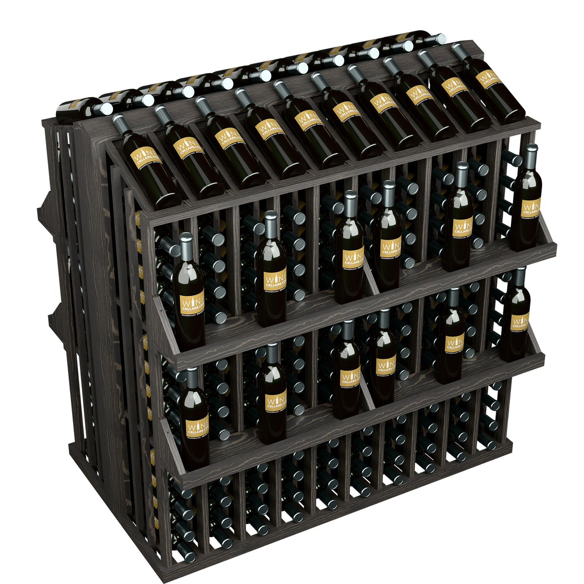 Dark wood wine bottle display rack with 4 shelves and metal bottle holders, front view