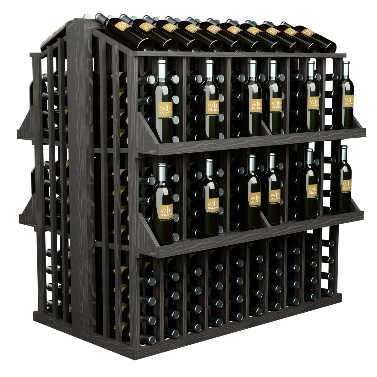 Charcoal wood bottle aisle display with 4 shelves and bottle slots, side view